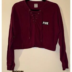 Victoria's Secret PINK Cropped Sweatshirt Burgundy Lace Up Long Sleeve Womens XS